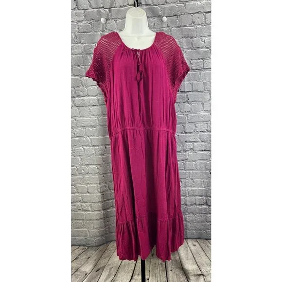 Old Navy Women's Berry Pink Crochet Lace Sleeve Tiered  Midi Dress Size XXL - Picture 10 of 11